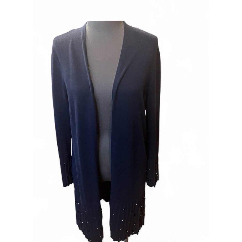 Chico's Navy Women's Cardigan Sweater Pleated Design Pearl Accents (1) Medium